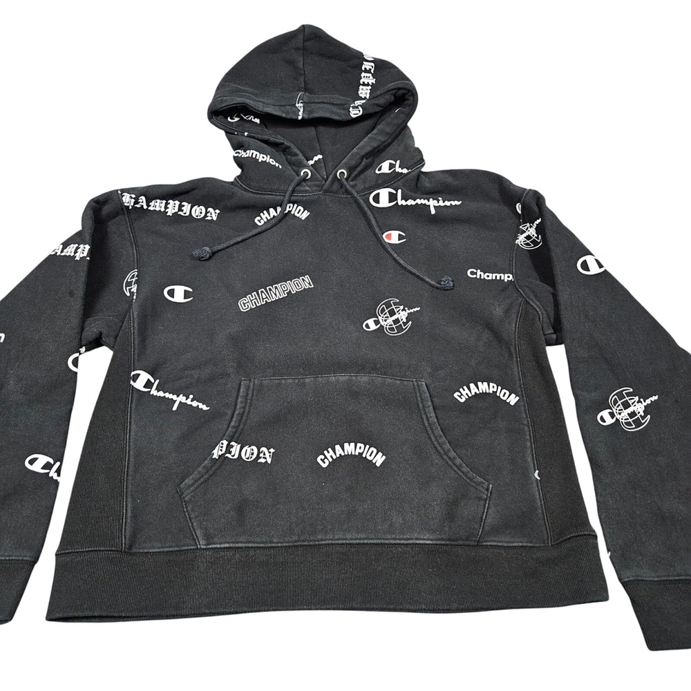 Champion Hoodie Mens XL Black All Over Print Reverse Weave Sweatshirt Streetwear